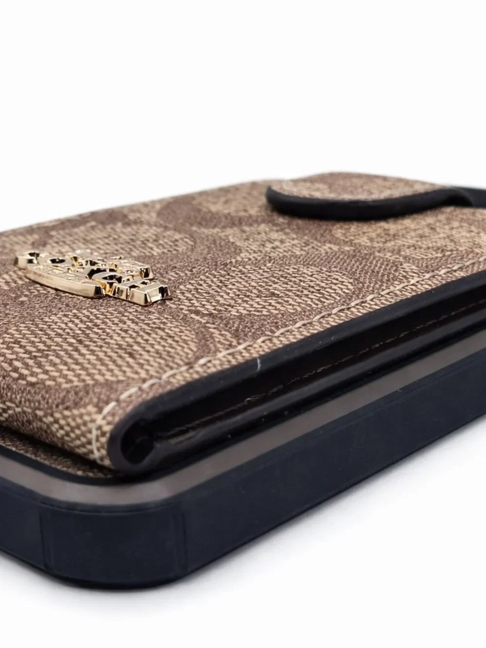 iPhone 14 Khaki Brown Canvas Signature Monogram Wallet Case with Gold Logo - Picture 6 of 6